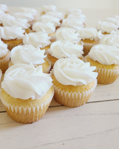 rows of white frosted cupcakes
